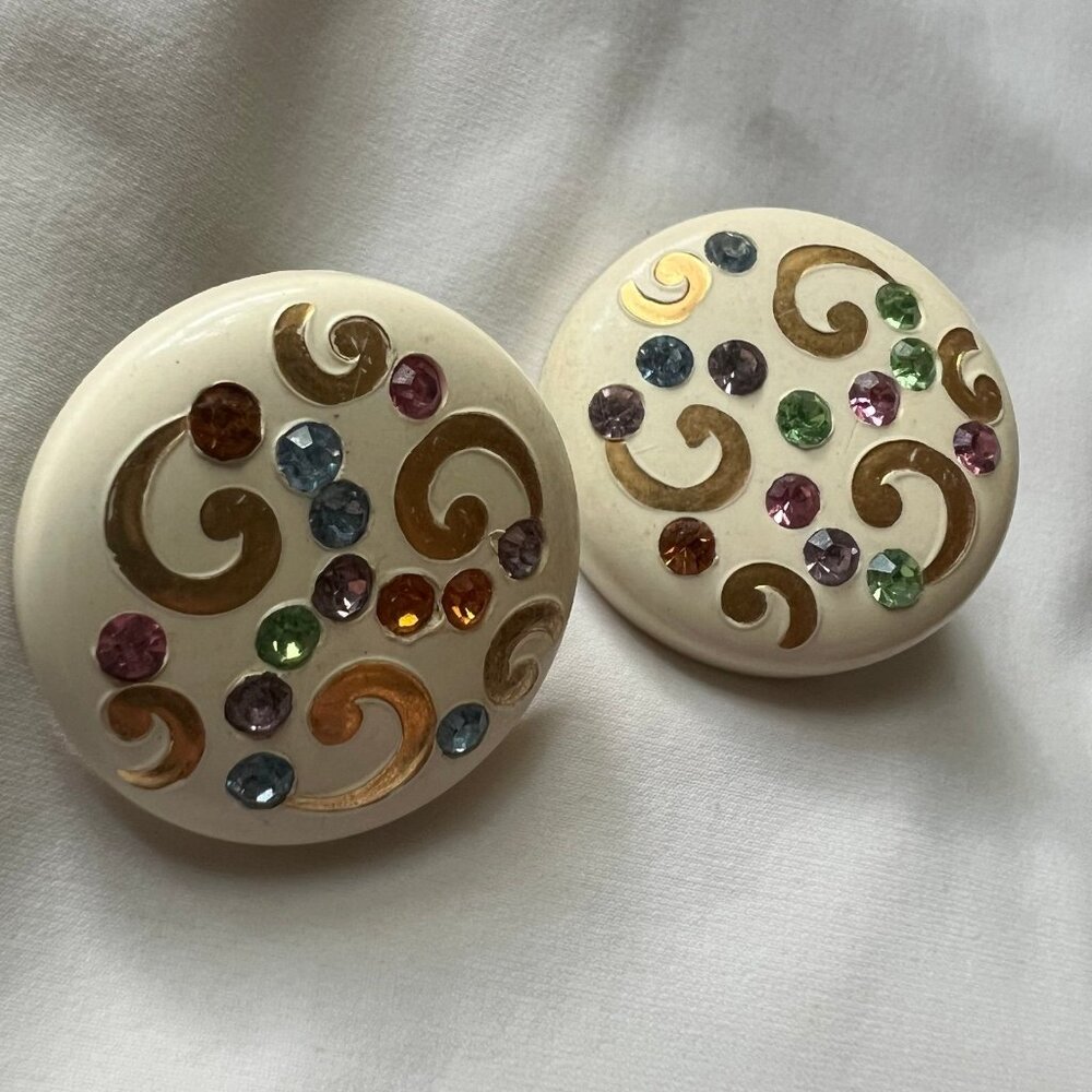Vintage Colorful Pastel Rhinestone Round Costume Fashion Estate Clip On Earrings